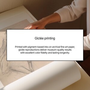 May include: A close-up of a white paper roll and a framed artwork. The text "Gicl&eacute;e printing" is displayed above a description of the printing process, highlighting archival paper and color fidelity.
