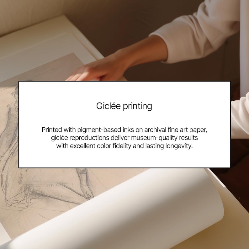 May include: A close-up of a white paper roll and a framed artwork. The text "Gicl&eacute;e printing" is displayed above a description of the printing process, highlighting archival paper and color fidelity.