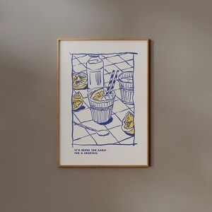 Bar cart Wall art Cocktail Line art Print Drink illustration Poster Retro Alcohol Happy Hour Blue White Summer Kitchen Dorm Room Home Decor