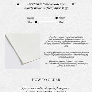 May include: Text overlay on a white background with black text. The text reads "OPTION" and "Attention to those who desire velvety matte surface paper 310g!"  A black line with two black dots on either end shows the options for "Smooth Matte" and "Rough Glossy".  The text continues with information about the paper and how to order.