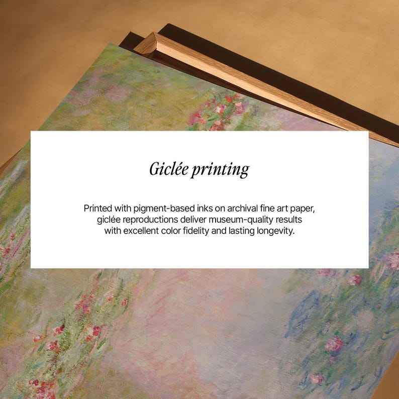 Puede incluir: Una impresi&oacute;n gicl&eacute;e con una pintura impresionista de un estanque de nen&uacute;fares en tonos suaves verdes, rosas y azules. El texto dice: Gicl&eacute;e printing. Impresas con tintas pigmentadas sobre papel de arte de archivo, las reproducciones gicl&eacute;e ofrecen resultados de calidad de museo con una excelente fidelidad de color y una larga duraci&oacute;n.