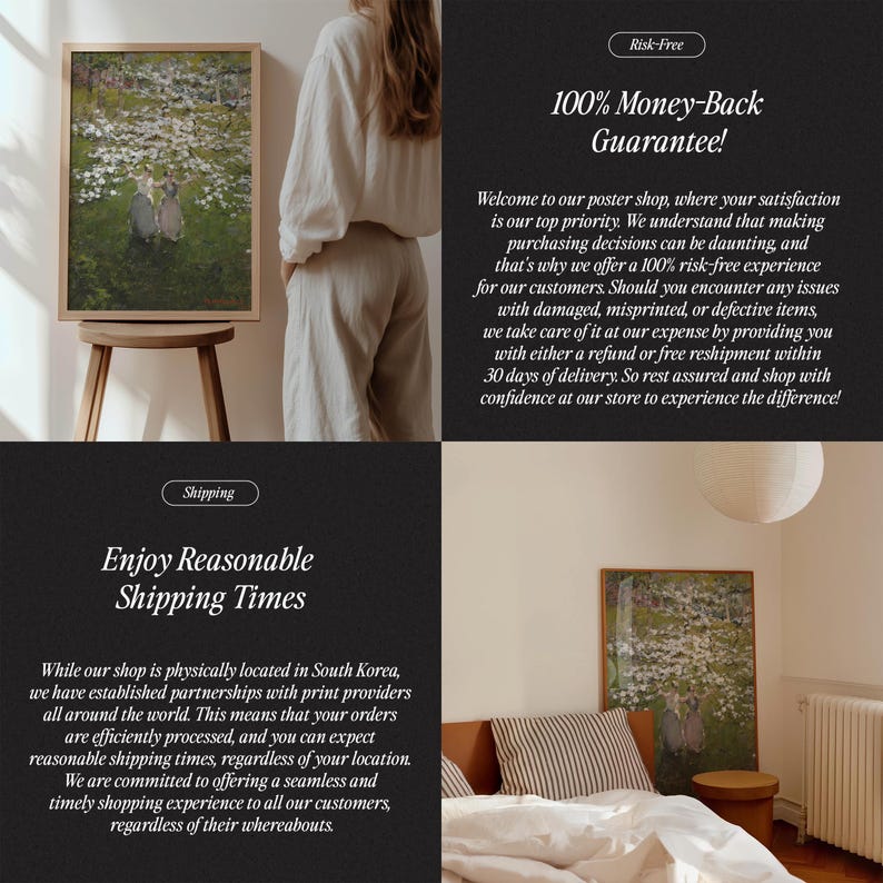 Op de afbeelding: Een zwart-wit afbeelding met tekst die luidt "Risicovrij 100% Geld-terug-garantie!" en "Welkom in onze posterwinkel, waar uw tevredenheid onze hoogste prioriteit is. We begrijpen dat aankoopbeslissingen ontmoedigend kunnen zijn, en daarom bieden we onze klanten een 100% risicovrije ervaring. Mocht u problemen ondervinden met beschadigde, verkeerd bedrukte of defecte artikelen, dan nemen wij dit op onze kosten voor onze rekening door u een terugbetaling of een gratis verzending binnen 30 dagen na levering aan te bieden. Wees dus gerust en koop met vertrouwen in onze winkel om het verschil te ervaren!"