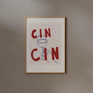 Cin Cin Print デジタルダウンロード 印刷可能な乾杯ポスター バーカート装飾 ワイン愛好家へのギフト トレンディなキッチンウォールアート 手描き線画 寮