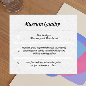 Peut inclure: Gros plan sur une description textuelle mettant en avant la qualit&eacute; mus&eacute;e du papier d'art. Le texte indique : "Qualit&eacute; mus&eacute;e", "Papier d'art (Papier mat de qualit&eacute; mus&eacute;e)", "Le papier de qualit&eacute; mus&eacute;e est connu pour &ecirc;tre archivistique, ce qui signifie qu'il peut &ecirc;tre stock&eacute; pendant longtemps sans jaunir", et "Encres d'archives sans acide utilis&eacute;es pour imprimer des couleurs vives et intenses".
