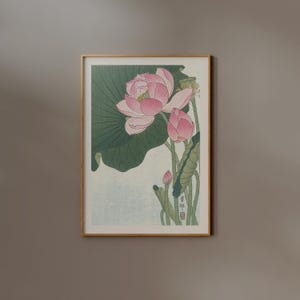 Lotus Flower Print | FRAME option | Japanese Floral Wall art, Ohara Koson Water Lily Poster, Pink Botanical Affiche, Above Bed art, Japandi