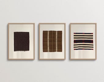 Brown Wall Art Set of 3, Neutral Textile Prints, Japandi Geometric Living Room Decor
