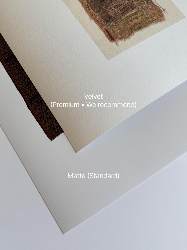 May include: A close-up of two framed art prints, one with a velvet finish and the other with a matte finish. The velvet print displays a section of a brown and red textile. The matte print is a white, standard finish.