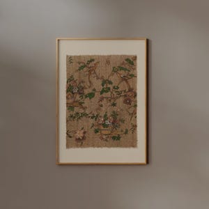 Vintage Floral Textile Wall Art Print | FRAME option | Botanical Giclée Poster, Antique Bird and Flower, Neutral Tone, Boho Living room