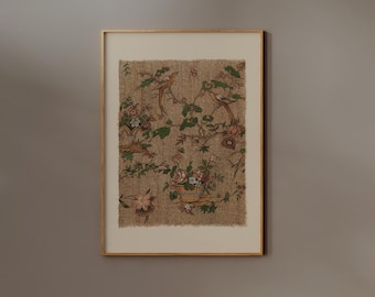 Vintage Floral Textile Wall Art Print | FRAME option | Botanical Giclée Poster, Antique Bird and Flower, Neutral Tone, Boho Living room