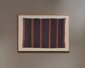 Horizontal Textile Wall art | FRAME option | Giclee Print, Modern Pattern, Antique Navy Tapestry Poster, Red Stripe, Living Room Decor