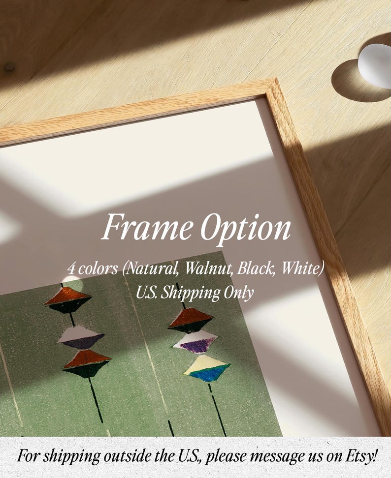 May include: A framed art print with a light wood frame. The artwork features a green background with colorful geometric shapes. Text on the print reads "Frame Option" and lists four frame colors: Natural, Walnut, Black, and White.