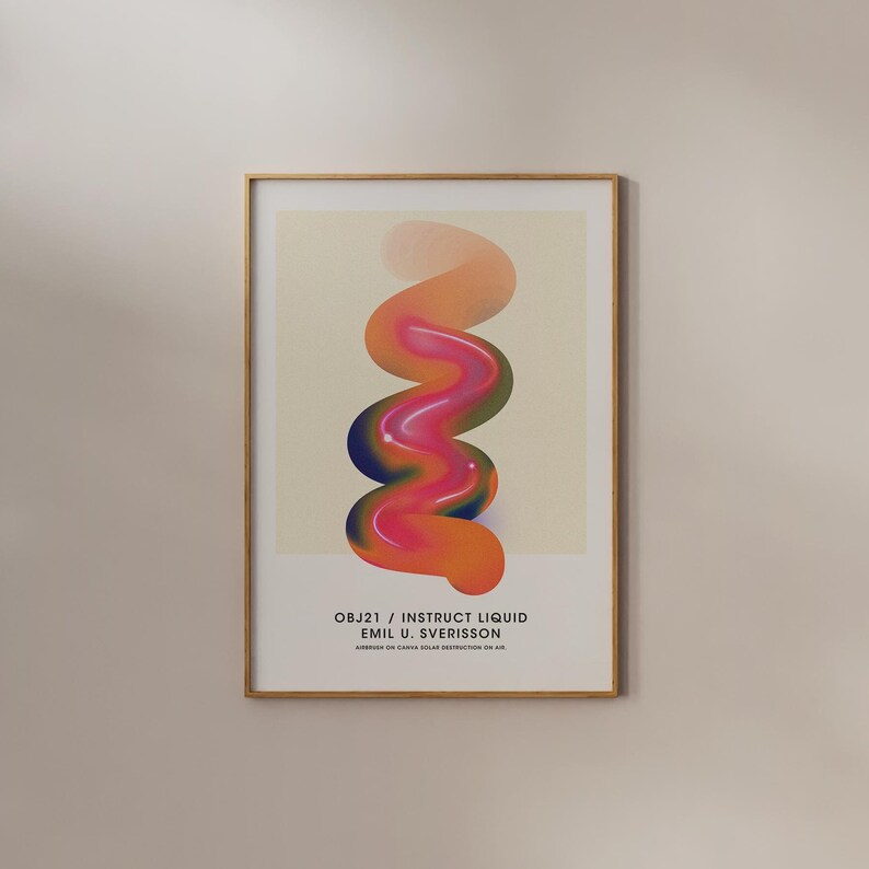 May include: A framed abstract art print with a colorful, swirling, liquid-like design in shades of orange, pink, and blue. The text "OBJ21 / INSTRUCT LIQUID EMIL U. SVERISSON AIRBRUSH ON CANVAS SOLAR DISTORTION ON AIR" is printed below the design.