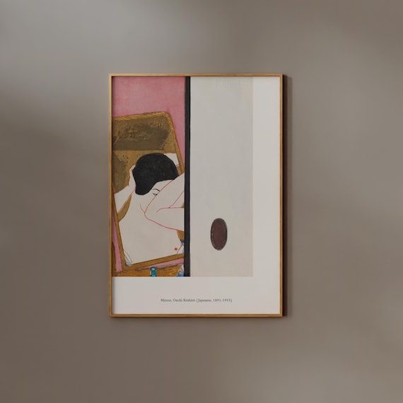 Coquette Room Decor | FRAME option | Mirror by Onchi Koshiro, Oriental Women, Vintage Female Poster, Pink Japanese Print, Girly Wall art