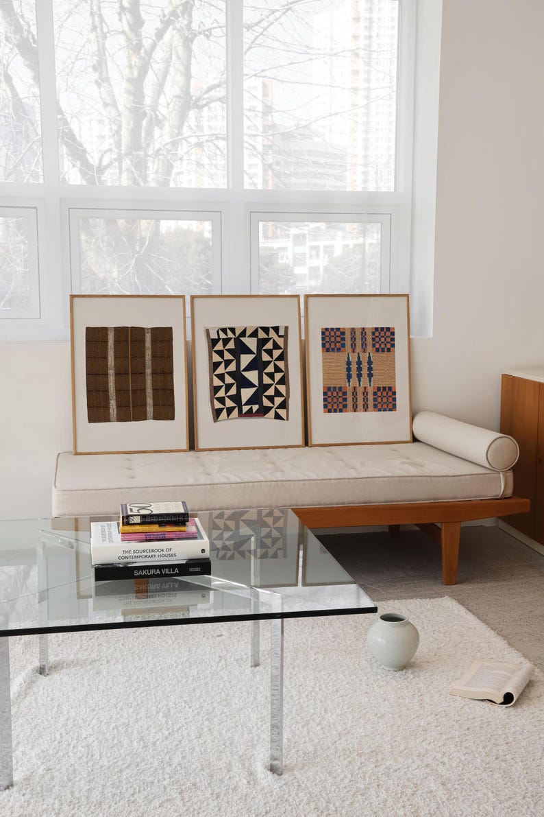 Set of 3 textile wall art prints in natural oak frames. Vintage woven pattern gallery wall for living rooms, dining rooms, Scandinavian interiors, and curated modern homes.