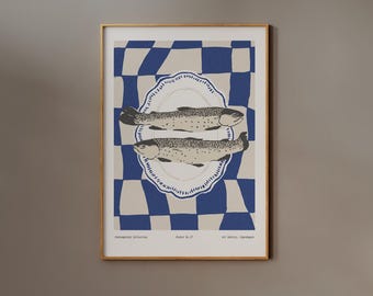Sardine Print | Frame option | Fish Poster Seafood Wall art Vintage Cooking illustratiion Kitchen Dining Room Decor Still Life Groovy Blue