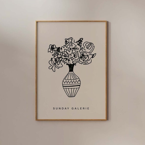 Flower Vase Line Art Print, Minimalist Botanical Beige Poster