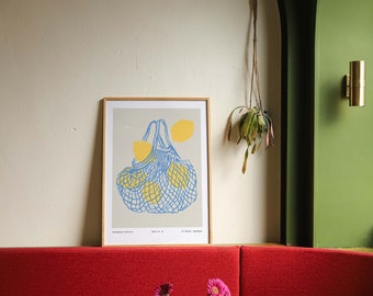 Lemon Wall Art, Blue Market Bag Poster, Scandinavian Kitchen Print, Colorful Modern Decor