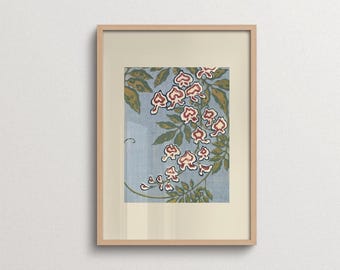 Japanese Floral Print, Blue Botanical Wall Art, Vintage Flower Poster for Bedroom Living Room