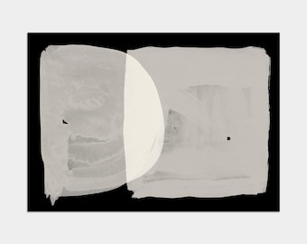 May include: Abstract art print featuring two overlapping shapes in shades of gray and white on a black background.