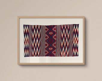 Geometric Southwestern Wall Art | FRAME option | Red & Indigo, Chevron Diamond Textile Print for Living Room, Boho, Organic Modern Decor