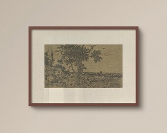 Vintage Landscape Wall Art Print, Neutral Sepia Tree Drawing, Antique Poster, Rustic Farmhouse Living Room Decor