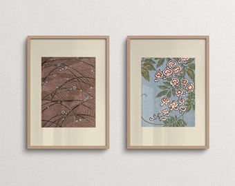 Set of 2 Botanical Prints, Japandi Wall Decor, Soft Vintage Floral Art for Bedroom Living Room