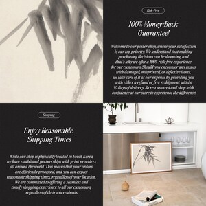 Puede incluir: Un estampado enmarcado con un dise&ntilde;o minimalista de bamb&uacute; en tonos grises y blancos. La imagen se muestra en un entorno interior moderno, con texto sobre una garant&iacute;a de devoluci&oacute;n de dinero y plazos de env&iacute;o razonables.