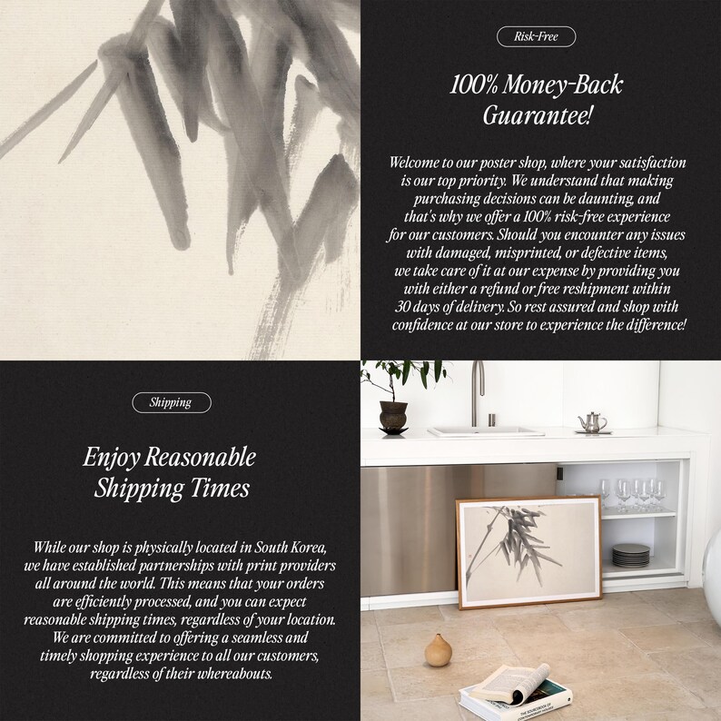 Puede incluir: Un estampado enmarcado con un dise&ntilde;o minimalista de bamb&uacute; en tonos grises y blancos. La imagen se muestra en un entorno interior moderno, con texto sobre una garant&iacute;a de devoluci&oacute;n de dinero y plazos de env&iacute;o razonables.