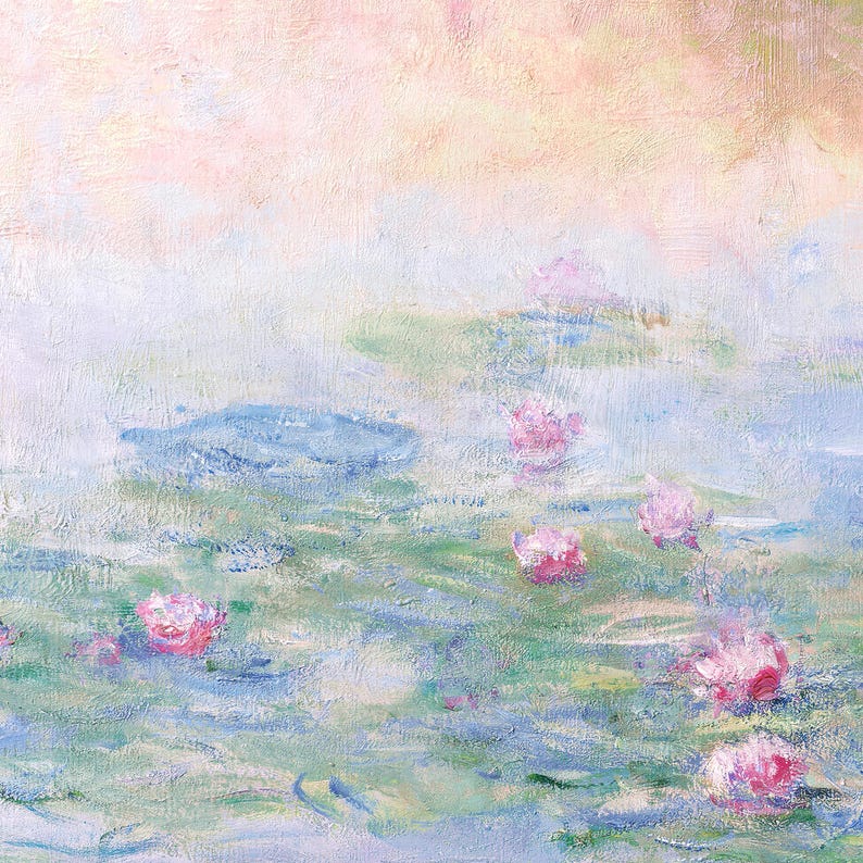 Puede incluir: Una pintura al &oacute;leo sobre lienzo que muestra la superficie de un estanque con nen&uacute;fares rosas y hojas verdes dispersas. El agua est&aacute; representada en tonos suaves de azul, turquesa y blanco, con un cielo de tono melocot&oacute;n reflejado en la parte superior.