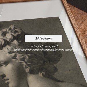 May include: A framed print of a black and white drawing of a woman's face. The frame is made of wood and has a light brown finish. The text "Add a Frame" is written on a white rectangle in the upper right corner of the image. The text "Looking for framed print? Check out the link in the description for more details" is written below the rectangle. The text "Seller's Comments" is written in the lower left corner of the image. The text "Upgrade your wall decor with our special offer! Purchase a poster and frame of the same size and receive complimentary mounting, 10 sturdy Alloy Steel Hangers, and free US shipping! Check out the link in the item description for more details!" is written in the lower right corner of the image.
