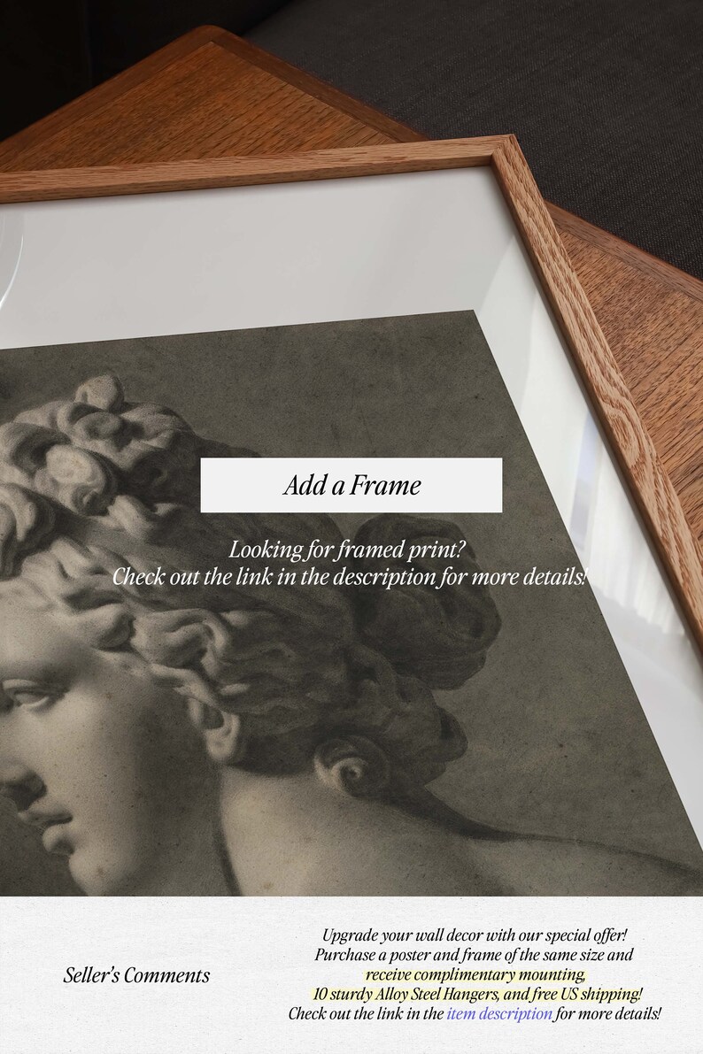 May include: A framed print of a black and white drawing of a woman's face. The frame is made of wood and has a light brown finish. The text "Add a Frame" is written on a white rectangle in the upper right corner of the image. The text "Looking for framed print? Check out the link in the description for more details" is written below the rectangle. The text "Seller's Comments" is written in the lower left corner of the image. The text "Upgrade your wall decor with our special offer! Purchase a poster and frame of the same size and receive complimentary mounting, 10 sturdy Alloy Steel Hangers, and free US shipping! Check out the link in the item description for more details!" is written in the lower right corner of the image.