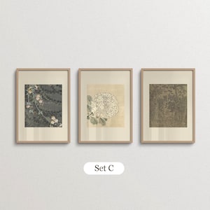 Earth tone gallery wall set of three combining a dark floral print, a brown abstract nature pattern with small blue accents and a vintage woodland drawing. Arranged in minimalist wooden frames with warm ivory borders, these muted botanical artworks complement mid century modern decor, retro-inspired living rooms and sophisticated neutral interiors.