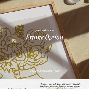 May include: A framed print with a gold abstract design. The frame is available in oak, black, or white. The text "paper grphc studio" and "Frame Option" is visible in the image.
