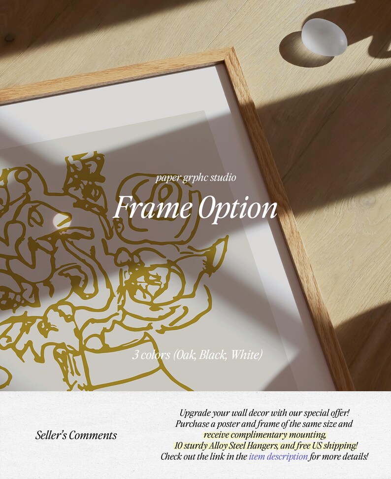 May include: A framed print with a gold abstract design. The frame is available in oak, black, or white. The text "paper grphc studio" and "Frame Option" is visible in the image.