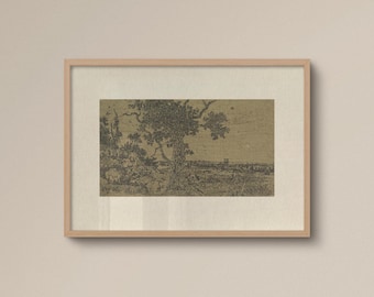 Vintage landschap muurkunst print, neutrale sepia tekening, antieke poster, rustieke boerderij woonkamer decor