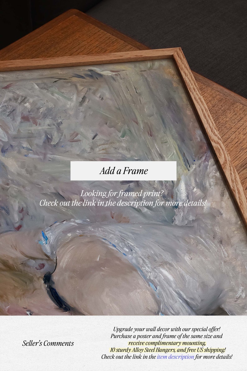 May include: A framed abstract painting with a white, gray, and pink color scheme. The frame is made of wood and has a natural finish. The text "Add a Frame" is visible at the top of the image. The text "Looking for framed print? Check out the link in the description for more details!" is visible below the frame. The text "Seller's Comments" is visible in the lower left corner of the image. The text "Upgrade your wall decor with our special offer! Purchase a poster and frame of the same size and receive complimentary mounting, 10 sturdy Alloy Steel Hangers, and free US shipping! Check out the link in the item description for more details!" is visible in the lower right corner of the image.