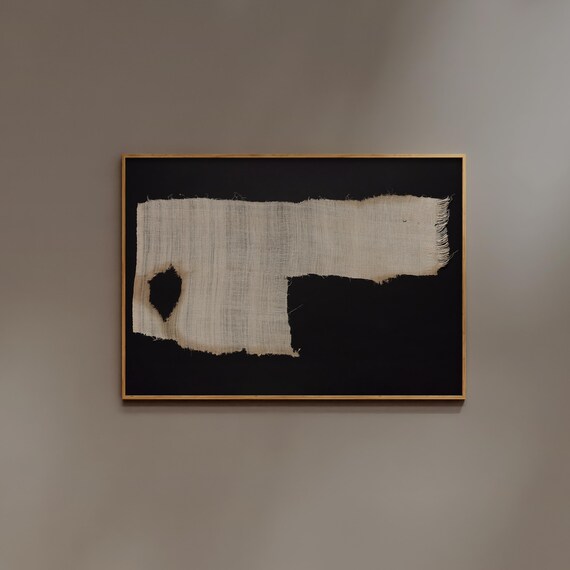 Wabi Sabi Textile Art Print, Masculine wall art, Torn Vintage Minimalist Japandi Poster for Neutral Decor, Woven Art Aesthetic, Black