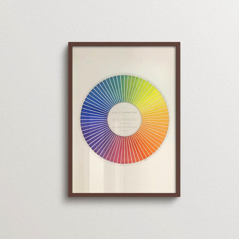 Vintage color chart wall art featuring a detailed French chromatic circle with a full rainbow spectrum, shown in a dark walnut frame against a neutral wall. A historical color theory print for an artist studio, design office, home workspace or eclectic gallery wall with antique scientific and educational poster influence.