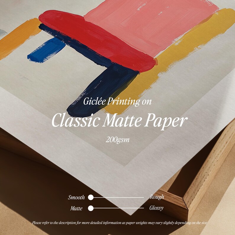 May include: A close-up of a white, textured paper with the text "Gicl&eacute;e Printing on Classic Matte Paper 200gsm". The paper is framed in a wooden frame. The paper has a smooth and rough texture, and a matte and glossy finish.