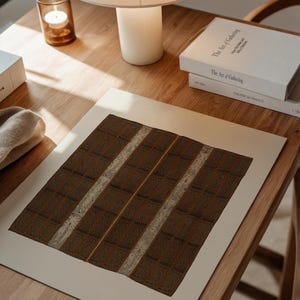 Vintage brown textile print on fine art paper, featuring an earthy checker pattern for wabi sabi, Japandi, and organic modern wall decor.