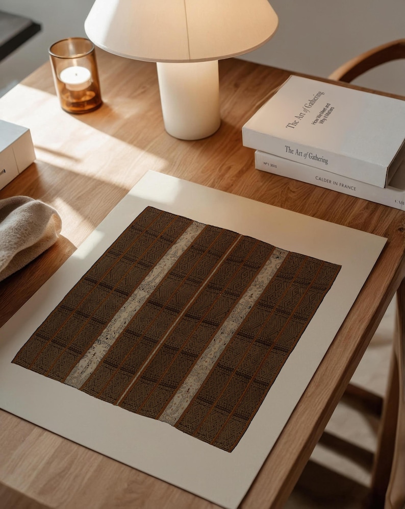 Vintage brown textile print on fine art paper, featuring an earthy checker pattern for wabi sabi, Japandi, and organic modern wall decor.