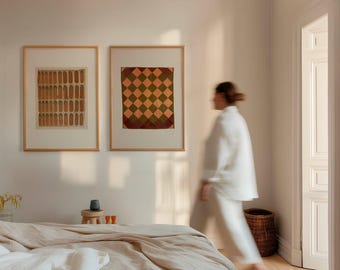 Earthy Geometric Wall Art Set of 2 | Vintage Pattern Prints for Japandi Interiors