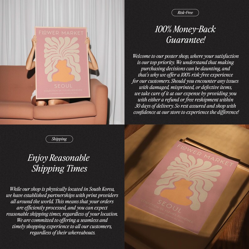 May include: Pink and yellow floral print poster with the text "FLOWER MARKET" and "SEOUL" in white. The poster is framed and hanging on a wall.