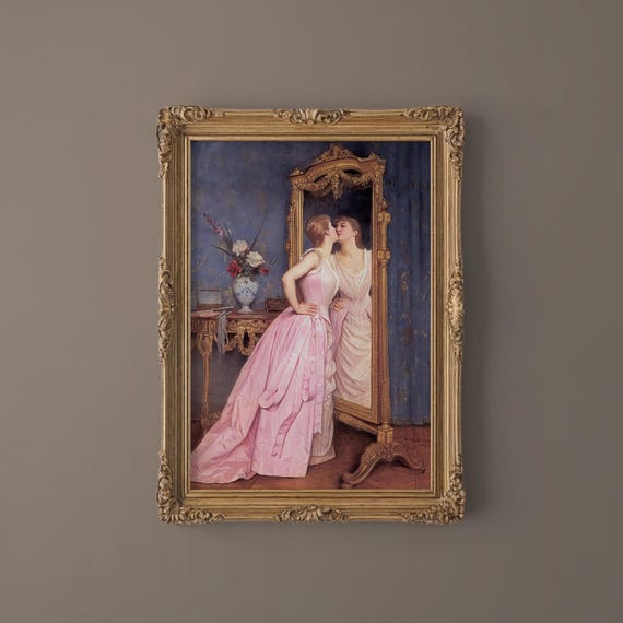 Auguste Toulmouche Vanity Print Coquette Room Decor Vintage Women Portrait Painting French Artist Poster Girly Wall art Kiss Reproduction