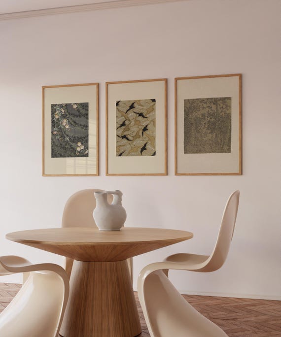 Japandi 3 piece Wall art | FRAME Option | Japanese Floral Woodblock Prints, Birds Pattern Poster, Forest Drawing, Neutral Decor, Wabi Sabi