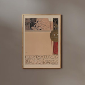 May include: A vintage poster advertising an art exhibition titled "I. Kunstausstellung der Vereinigung bildender K&uuml;nstler &Ouml;sterreichs Secession." The poster features a stylized illustration of a warrior holding a shield with a grotesque face and a spear. The text on the poster also includes the dates "Er&ouml;ffnung Ende M&auml;rz" and "Schluss Mitte Juni" and the location "Geb&auml;ude der K.K. Gartenbau Gesellschaft."