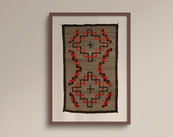 Vintage Southwestern Rug Art Print, Red Taupe Geometric Textile Wall Decor