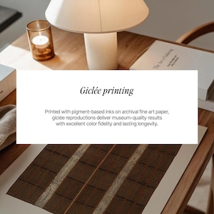 Archival giclee print information for a brown textile-style wall art print, made with pigment-based inks on fine art paper for lasting color quality.