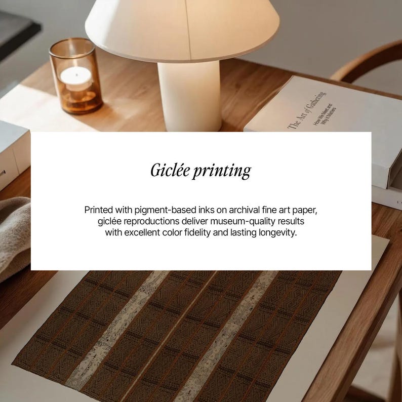 Archival giclee print information for a brown textile-style wall art print, made with pigment-based inks on fine art paper for lasting color quality.