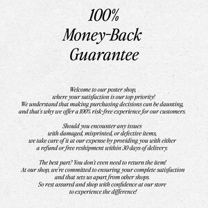 May include: A text-based graphic with a 100% Money-Back Guarantee message. The text explains that customer satisfaction is a top priority and that the shop offers a 100% risk-free experience. It also states that if there are any issues with damaged, misprinted, or defective items, the shop will provide a refund or free reshipment within 30 days of delivery. The graphic also states that customers do not need to return the item.